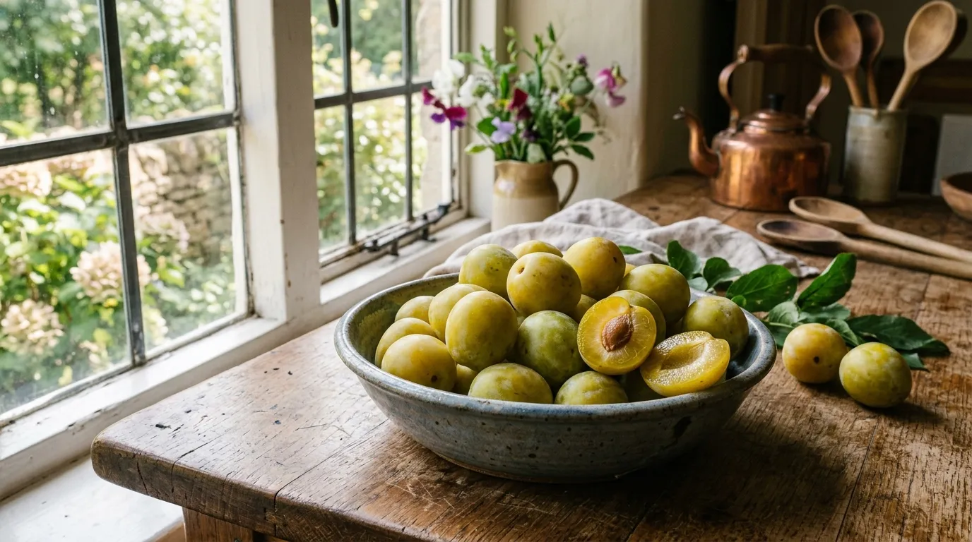 Rustic ceramic bowl heaped with ripe Cambridge Gage greengages on a wooden kitchen table with one fruit cut open showing the freestone golden flesh