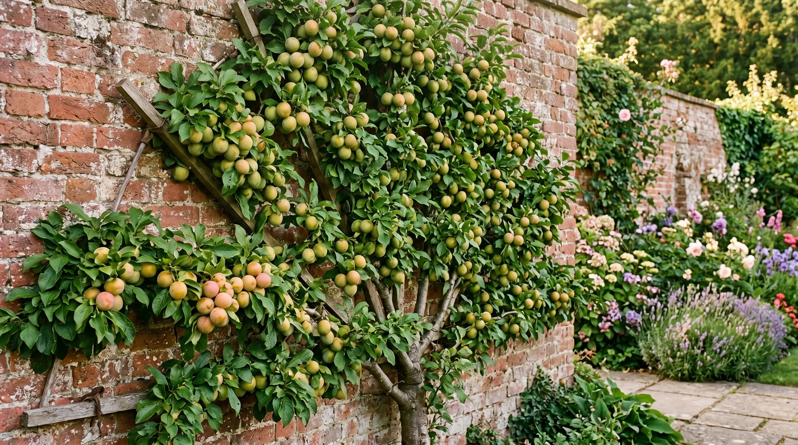 Fan-trained Cambridge Gage greengage tree heavy with ripe golden-green fruit against a warm south-facing UK brick wall in late August