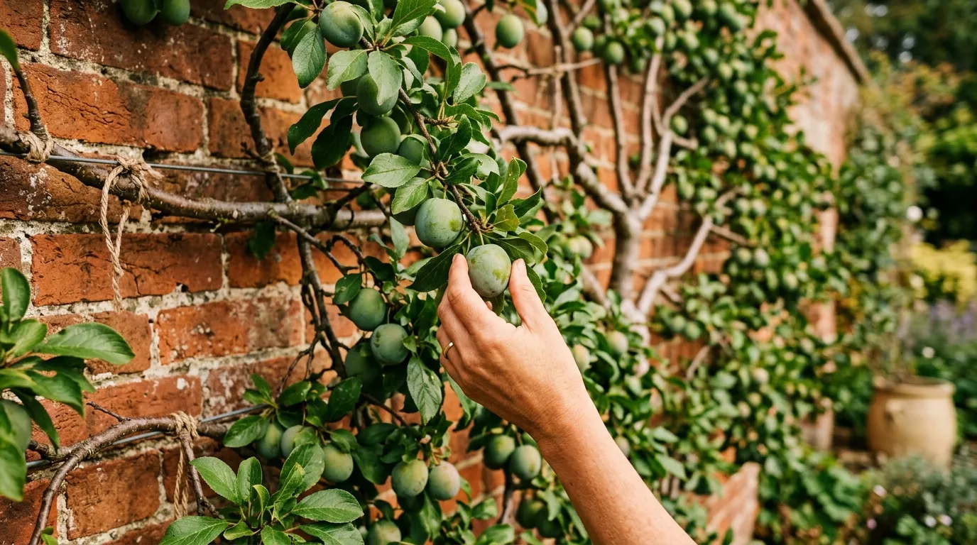 Hand picking a ripe Reine Claude Verte greengage from a fan-trained tree against a warm UK brick wall