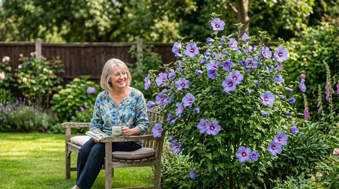 Hardy hibiscus syriacus flowering with purple-blue blooms in a sunny UK garden border