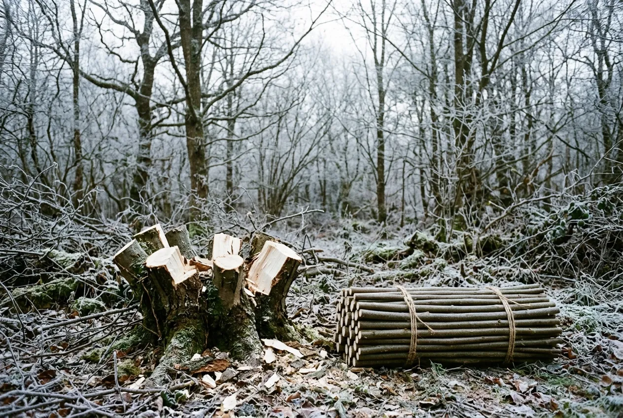 Freshly coppiced hazel stool in a UK woodland garden during winter with straight poles stacked nearby