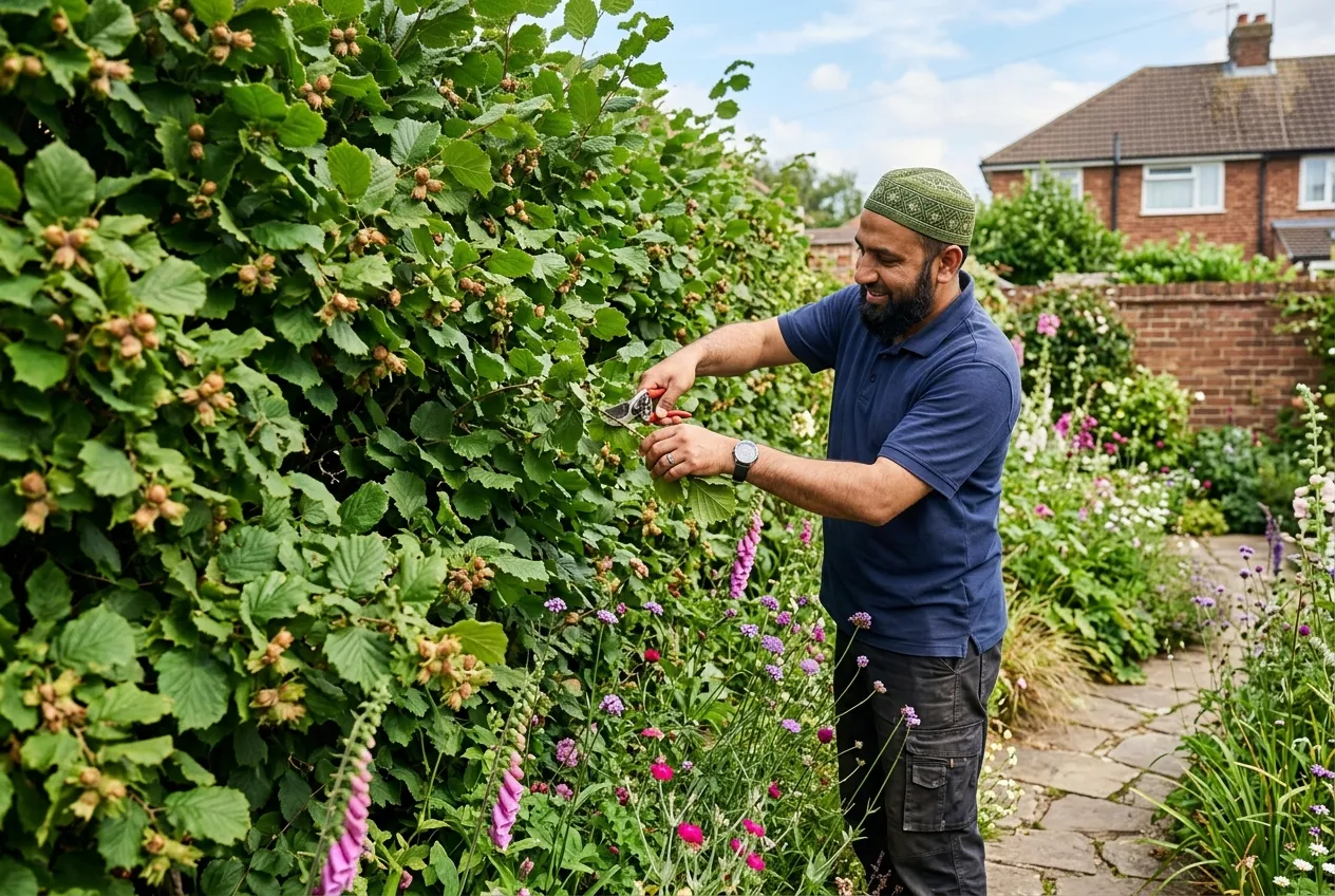 Hazel hedge boundary in a suburban UK garden with green foliage and visible hazelnut clusters