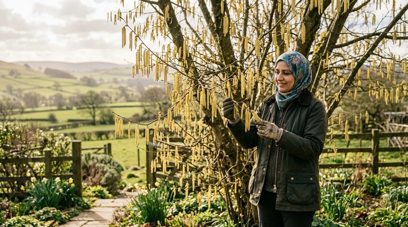 Hazel cobnut tree with golden catkins in a UK garden during early spring