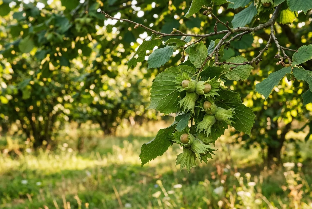 Ripe cobnuts in green husks hanging in clusters on a hazel branch in a UK orchard