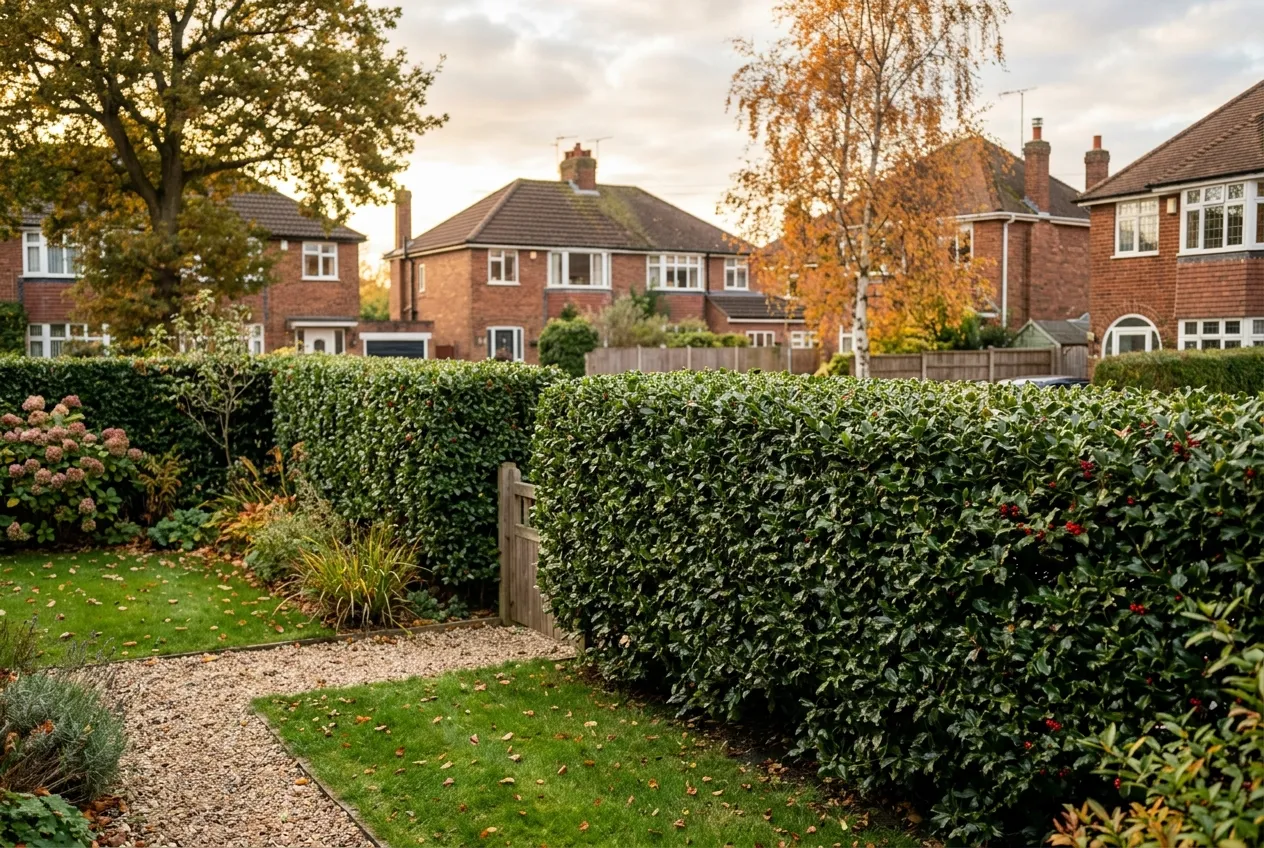 A neatly clipped holly hedge forming a thick green boundary in a suburban UK garden