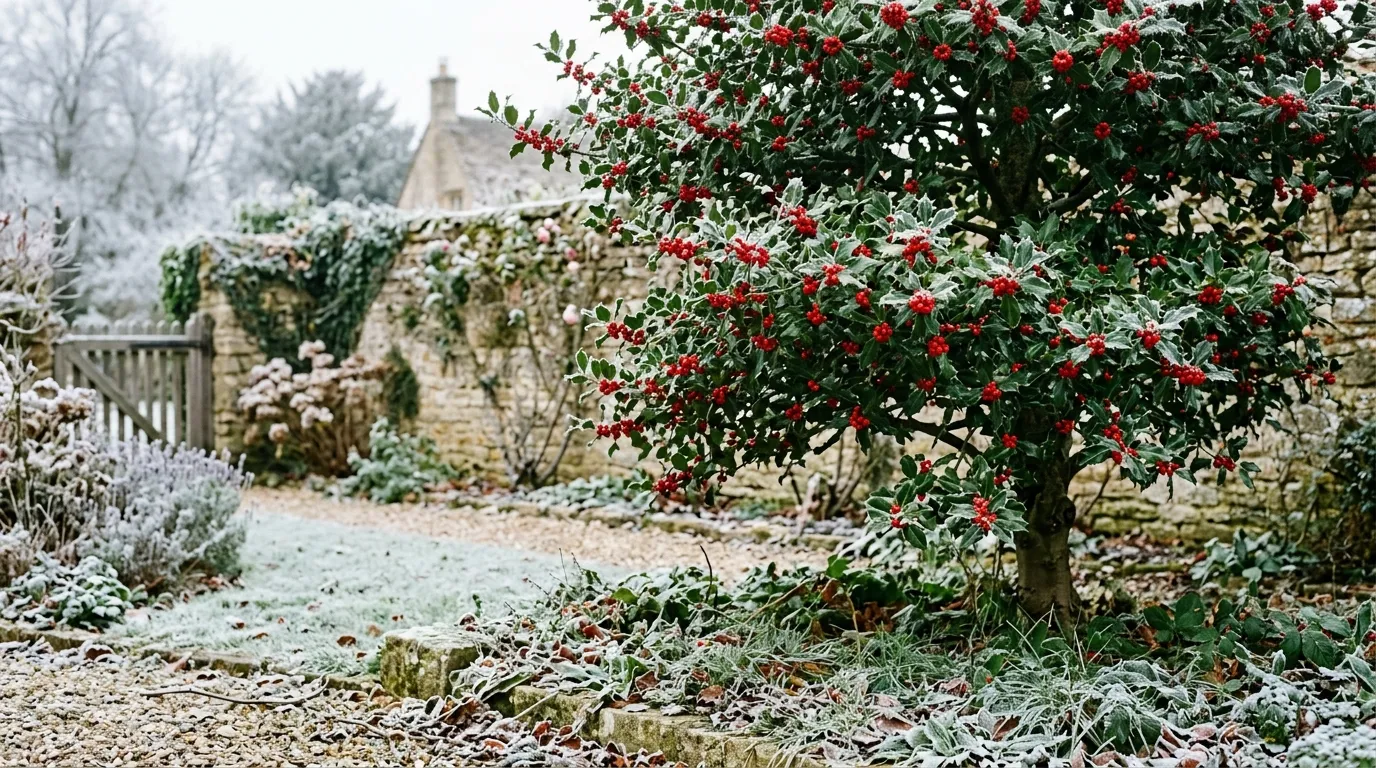 Holly tree with glossy green leaves and red berries growing in a traditional English country garden in winter