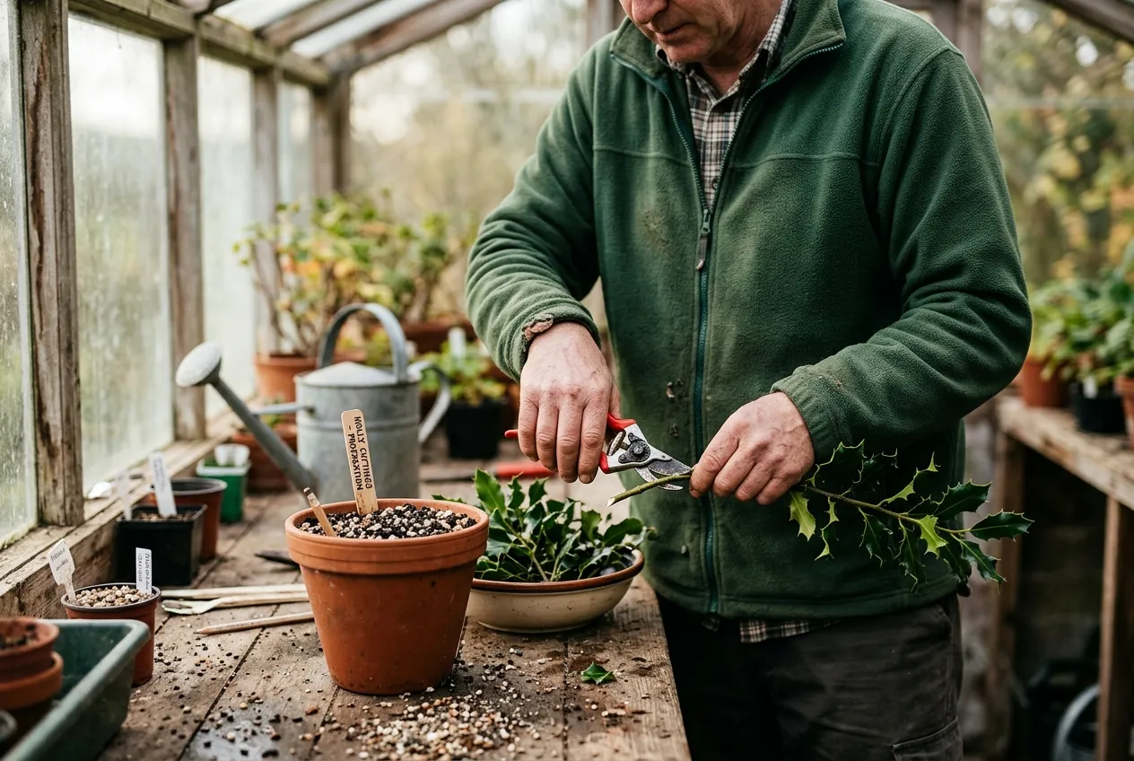 Holly cuttings being prepared for propagation on a potting bench with secateurs and gritty compost