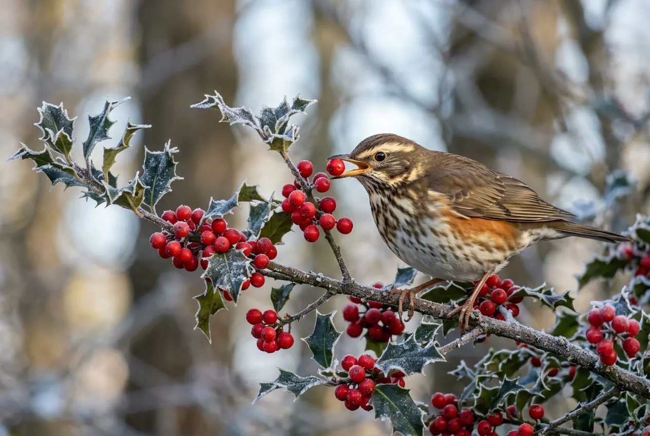 Holly berries on a branch with a redwing thrush feeding in a winter UK garden