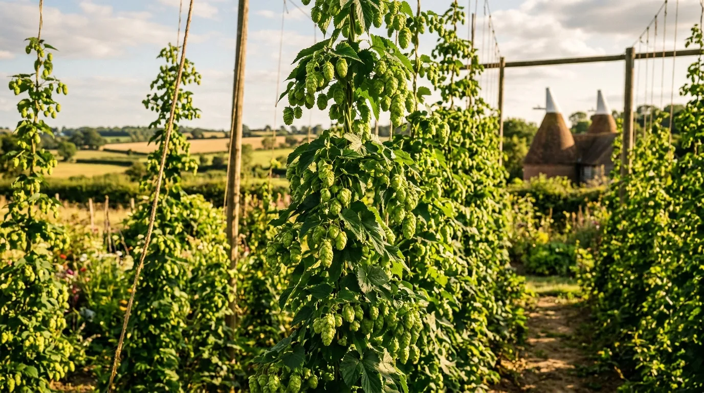 How to grow hops in the UK with hop bines climbing tall strings in a countryside garden with oast houses