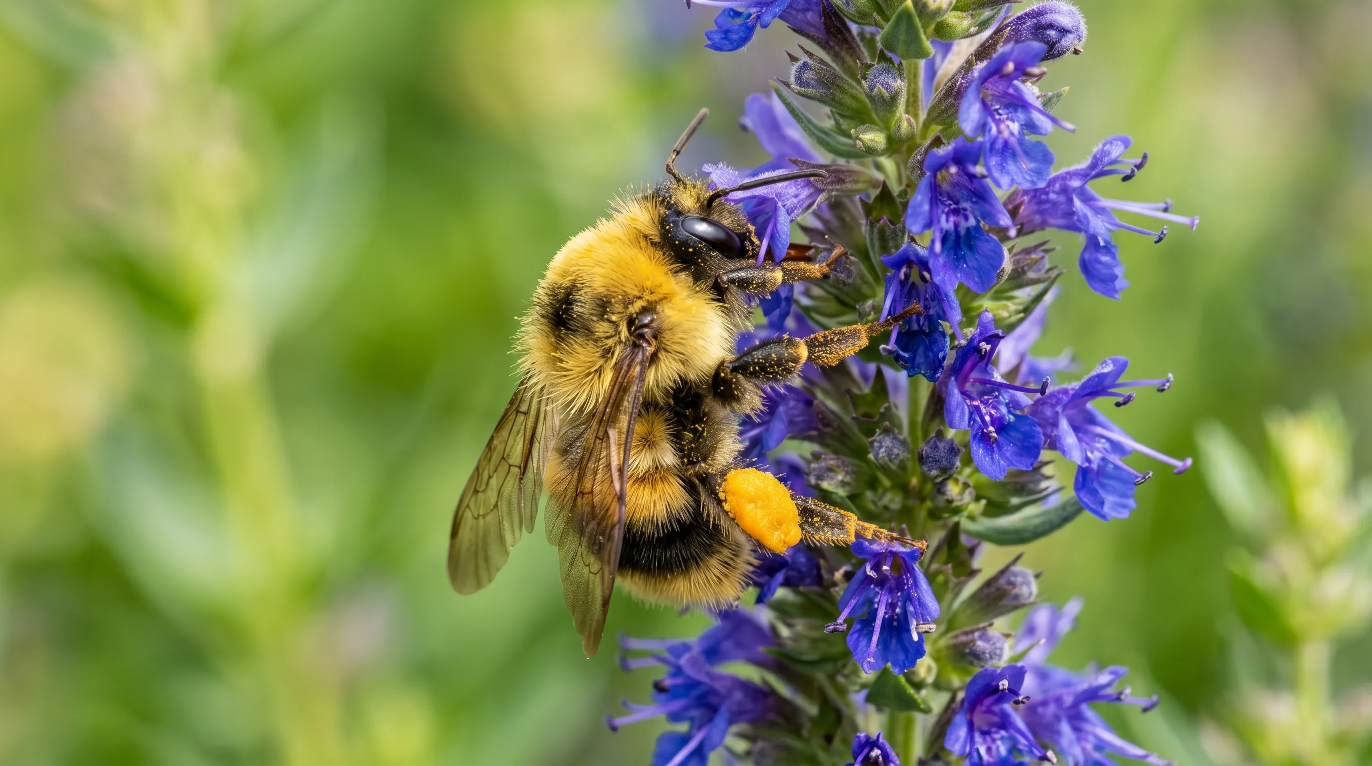 Buff-tailed bumblebee on a deep-blue hyssop flower spike with pollen visible on its legs