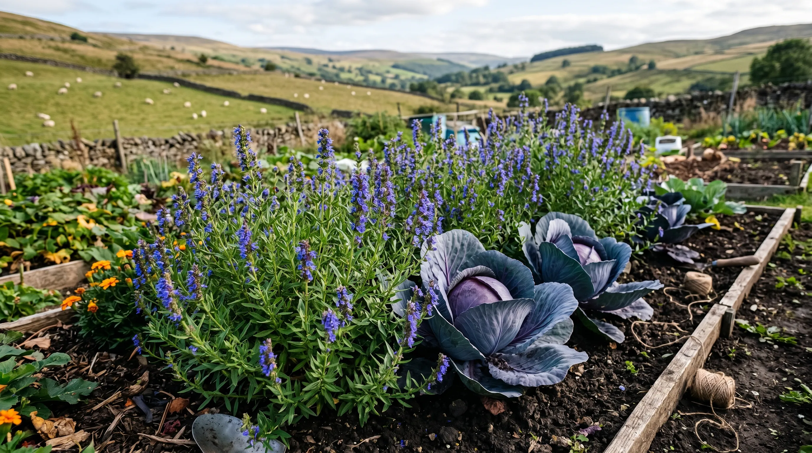 Hyssop planted alongside red cabbages in a Welsh valley allotment with sheep visible in distant fields
