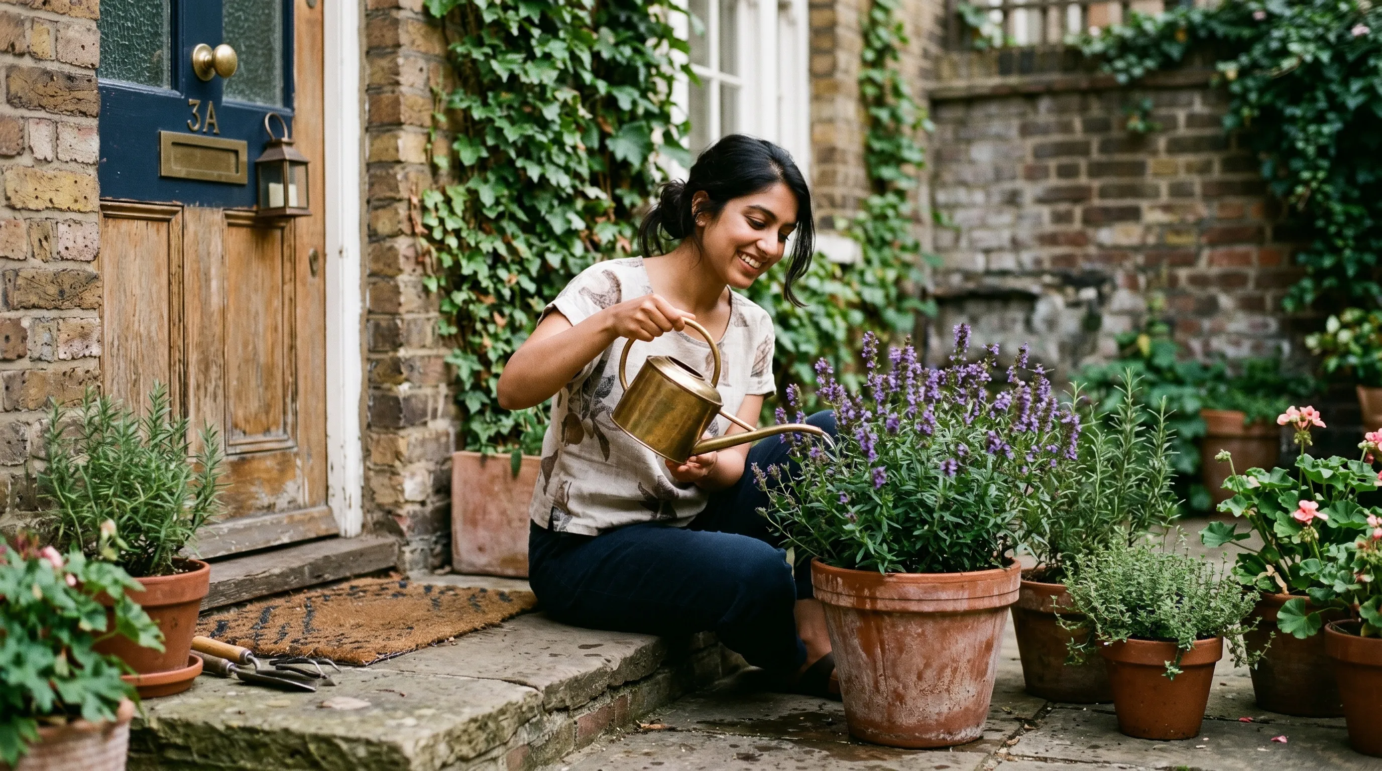 Terracotta pot of flowering hyssop on a London urban courtyard doorstep being watered with a brass watering can