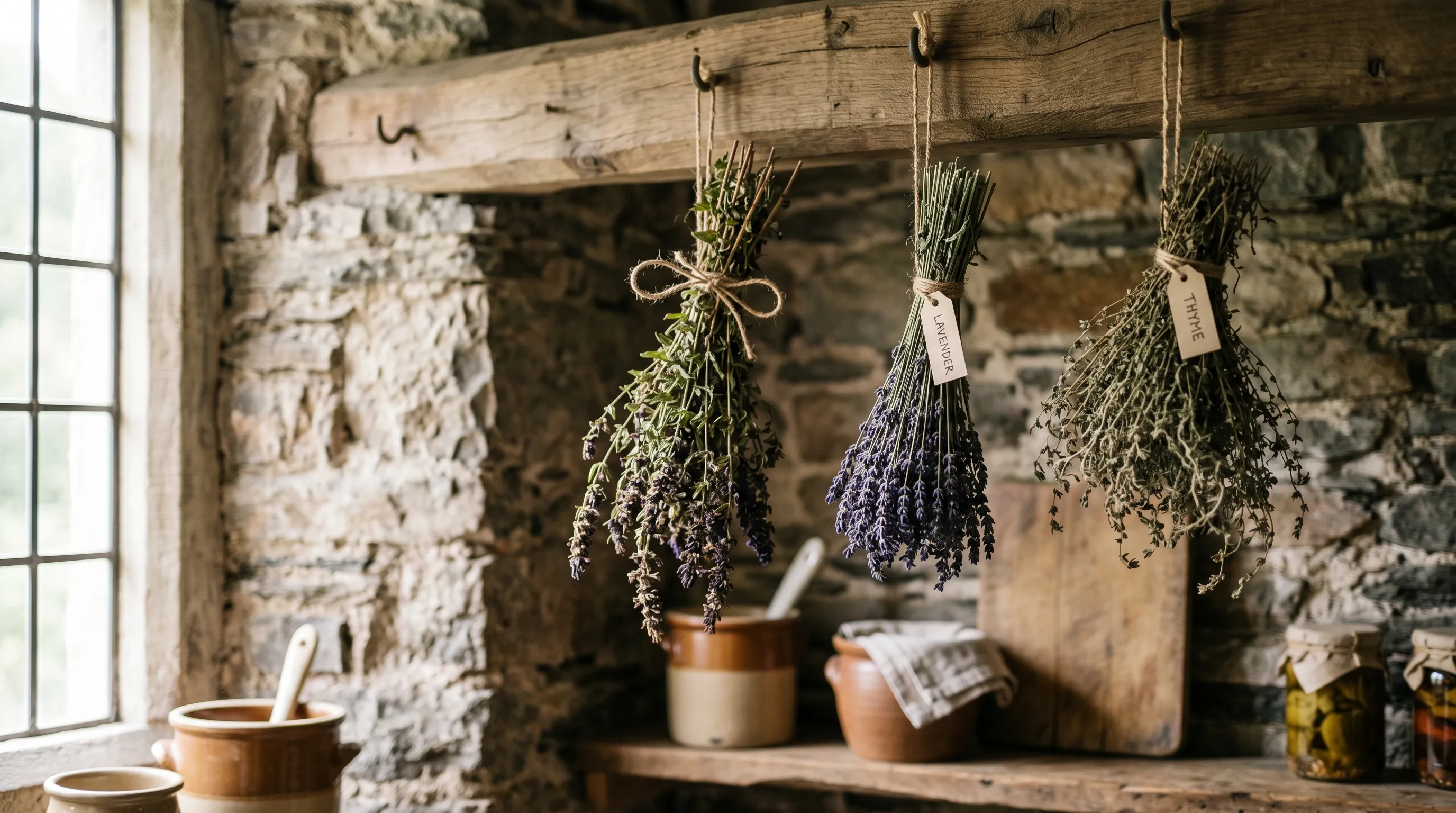 Bundles of dried hyssop tied with twine hanging from a wooden beam alongside lavender and thyme