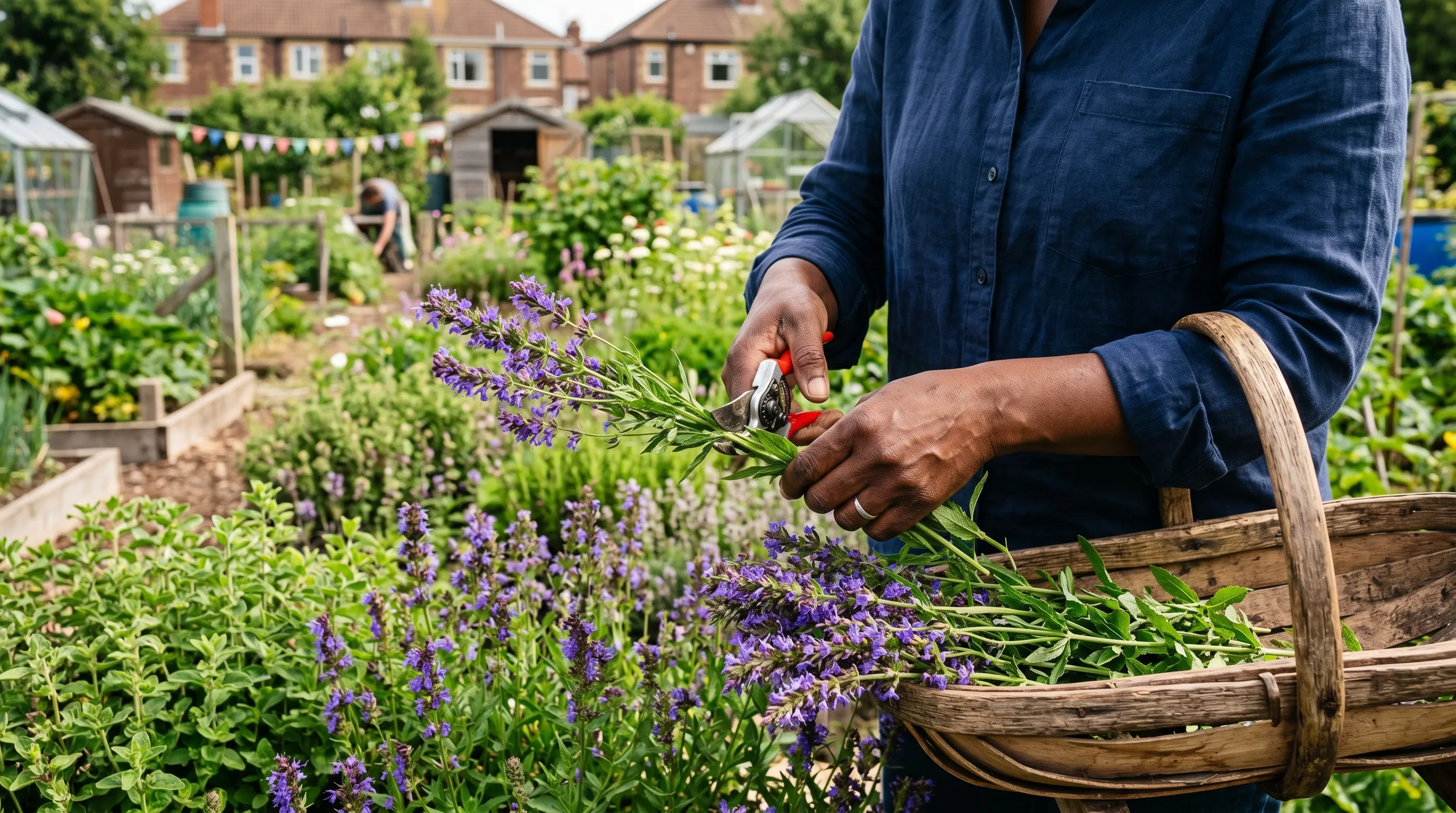 Hands harvesting hyssop flowering stems with secateurs into a wicker trug in a Bristol suburban allotment