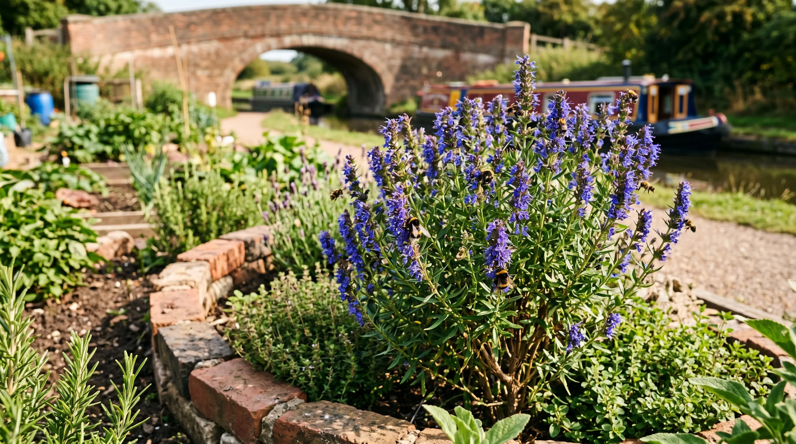 Hyssop in full blue flower on a herb spiral at a canalside Midlands allotment with bumblebees visiting the spikes