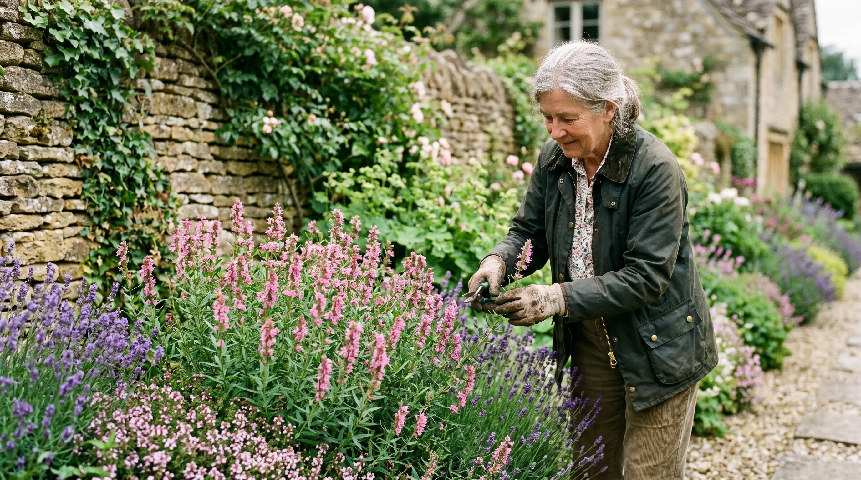 Pink-flowered hyssop Roseus in a Cotswold cottage border with thyme and lavender, with a gardener gently deadheading
