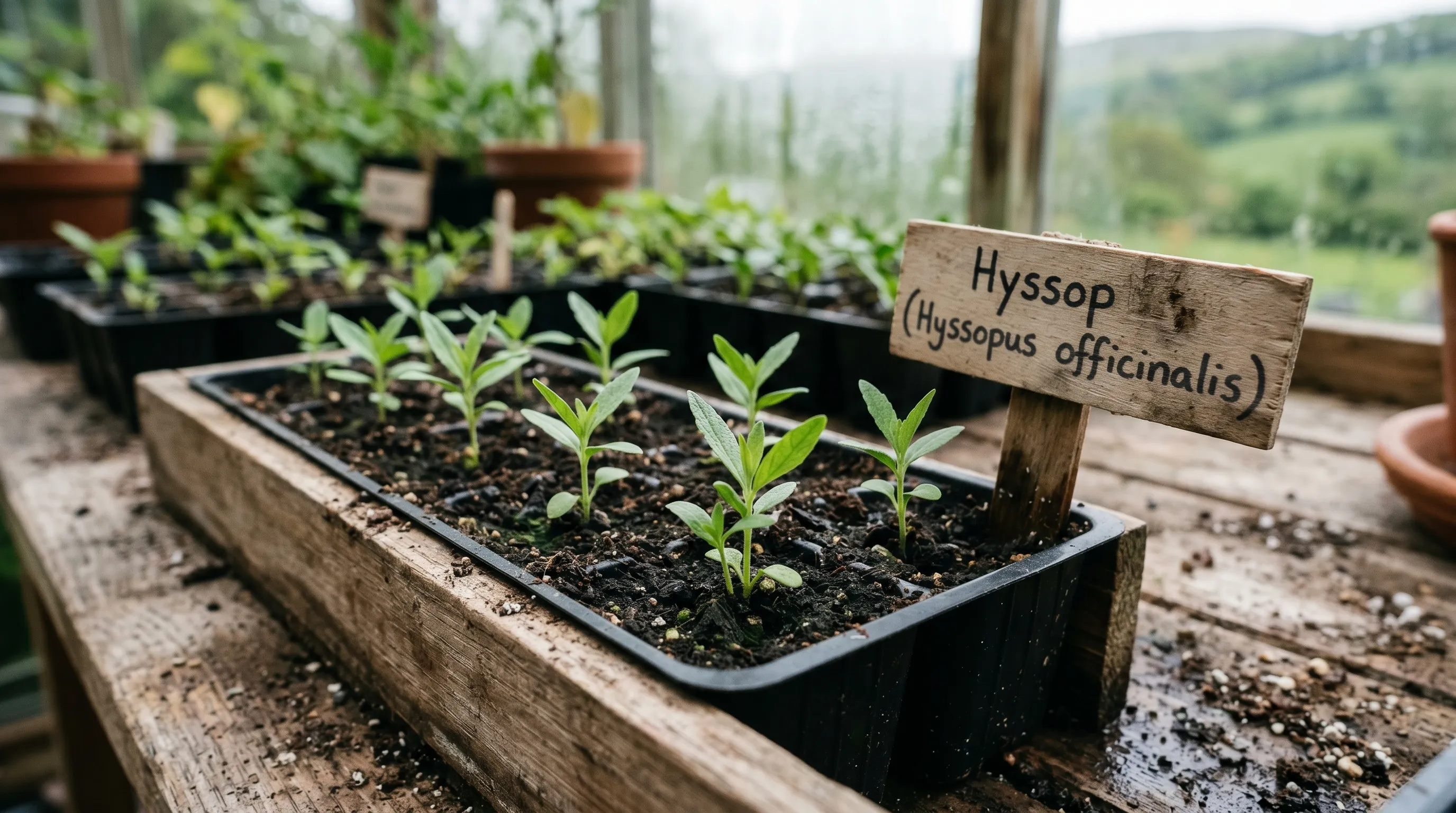 Hyssop seedlings at the two-true-leaf stage in a seed tray on a wooden potting bench