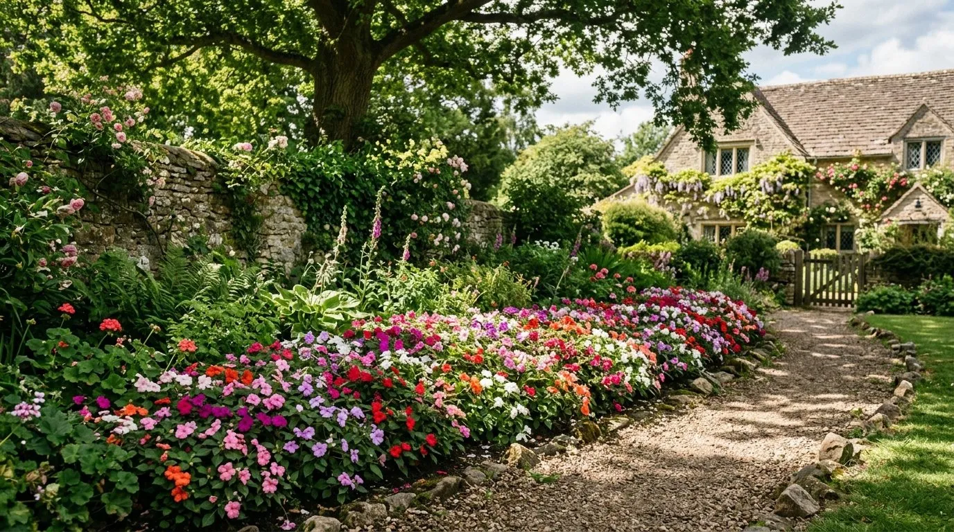 Busy lizzie impatiens plants in full flower growing in a shaded British cottage garden border