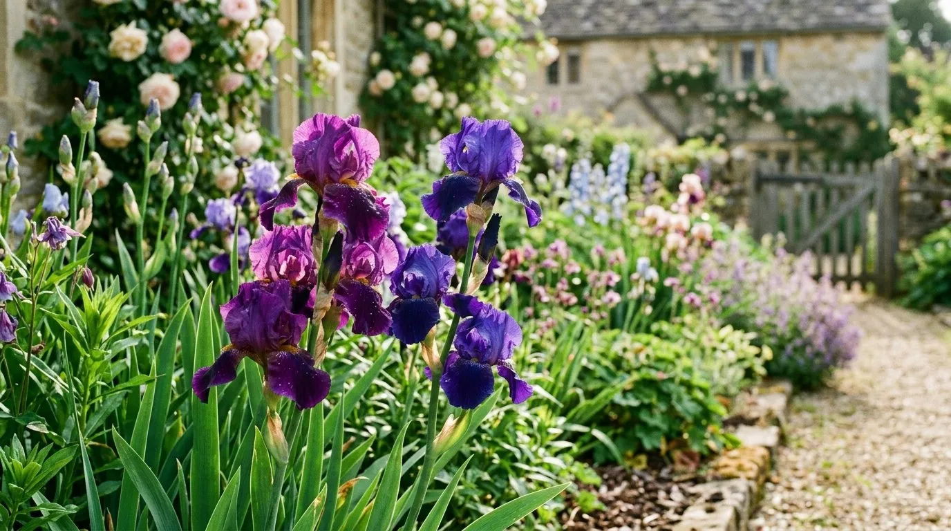 Tall bearded iris flowers in deep purple growing in a sunny English garden border