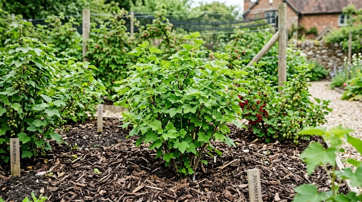 A young jostaberry bush growing in a well-mulched fruit bed in a UK garden