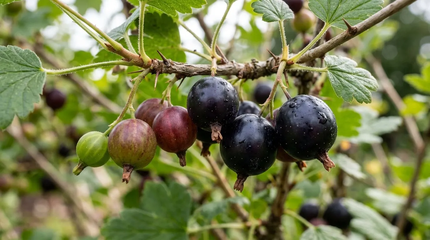 Jostaberry fruits at different stages of ripeness on the branch
