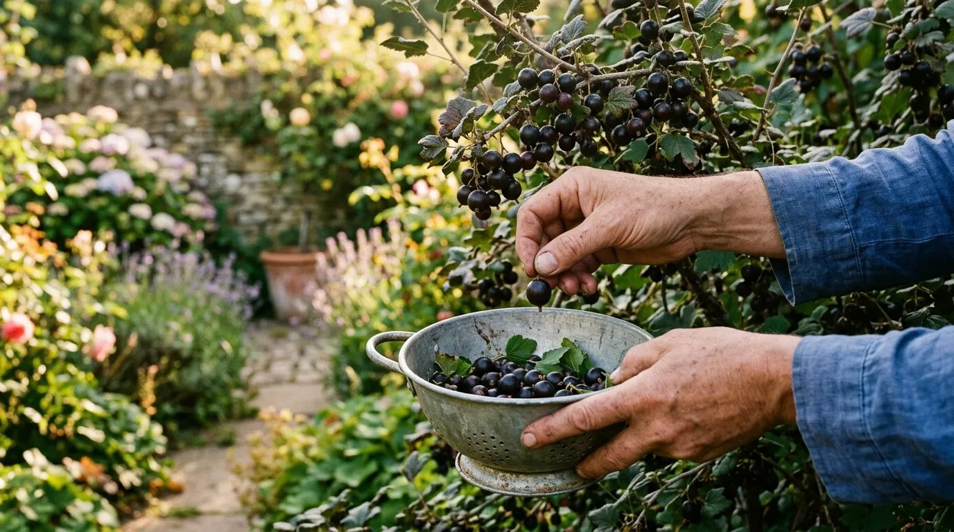 Hands picking ripe dark jostaberries into a small metal colander in a cottage garden