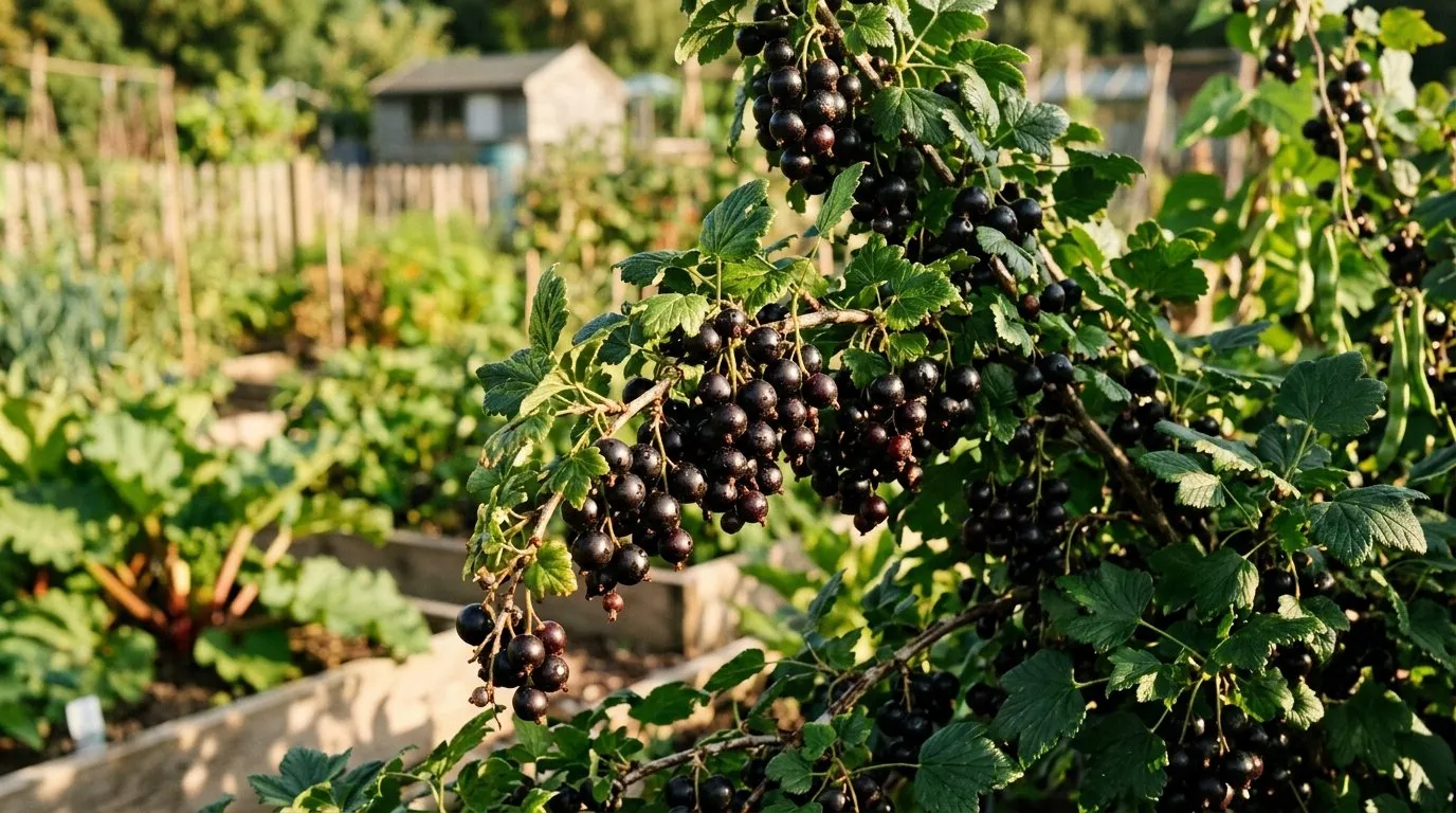 Ripe jostaberry fruits growing on a bush in a sunny UK allotment garden