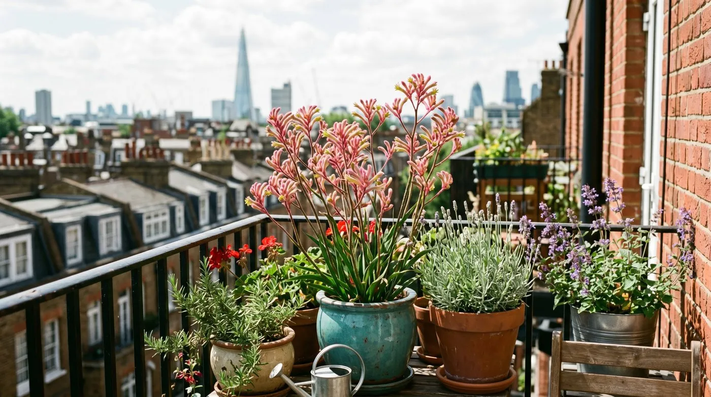 Kangaroo paw in a glazed pot on a sunny city balcony with other container plants