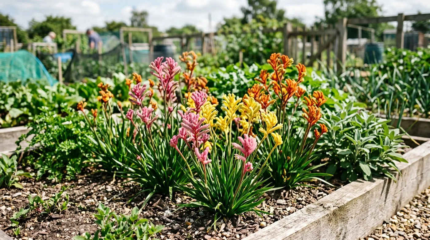 Mixed dwarf Bush Gems kangaroo paw varieties flowering in pink, yellow and orange in a UK raised bed