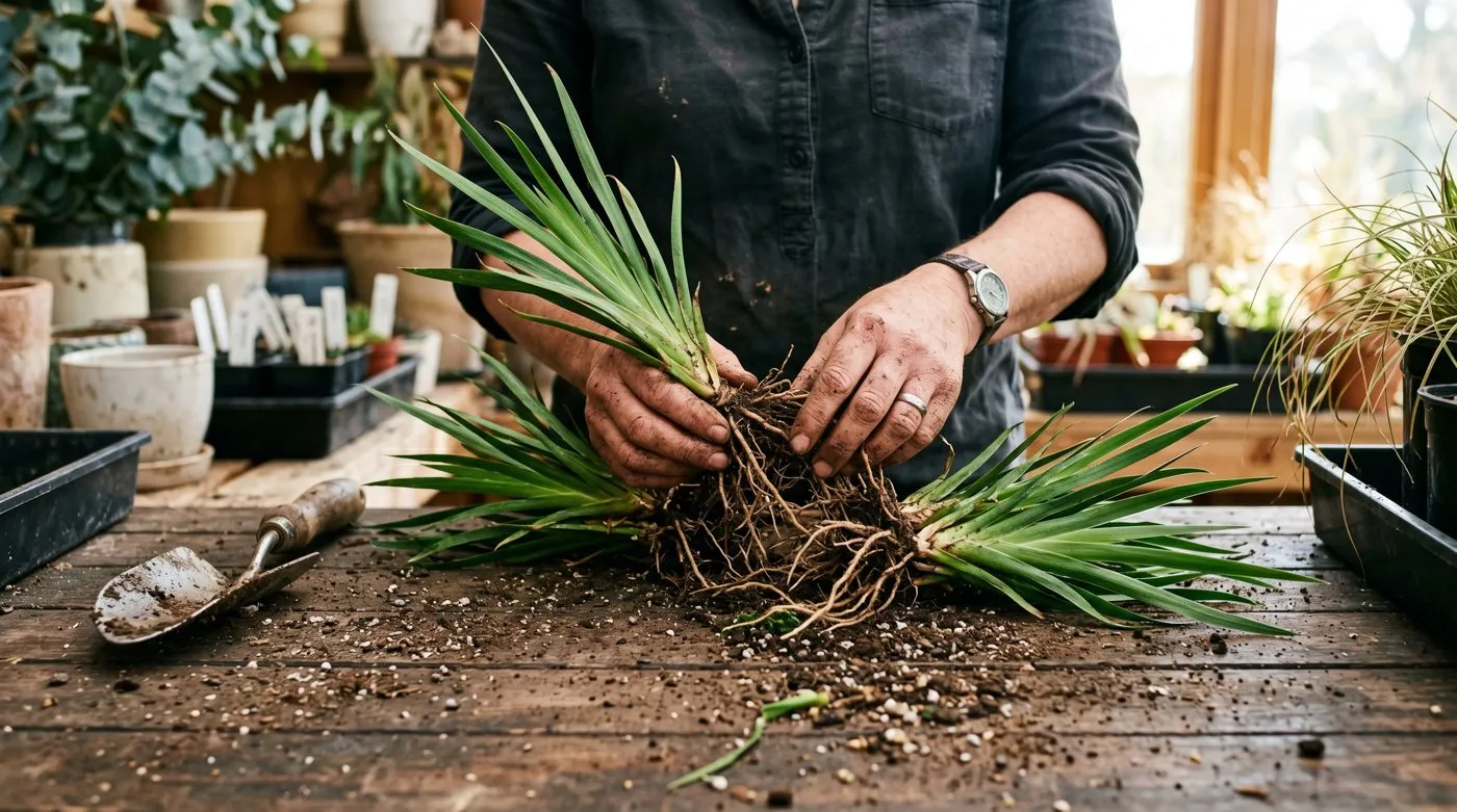 Gardener's hands dividing a clump of kangaroo paw into rooted sections on a potting bench