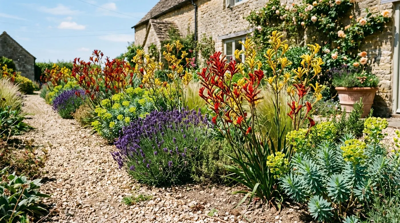 Kangaroo paw flower spikes growing in a sunny free-draining gravel and Mediterranean-style border in a UK garden