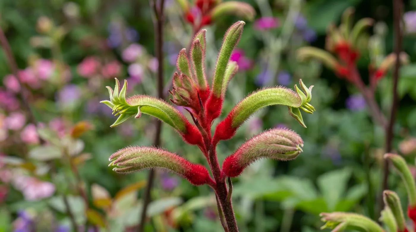 Close-up of red and green kangaroo paw flowers in a UK garden border