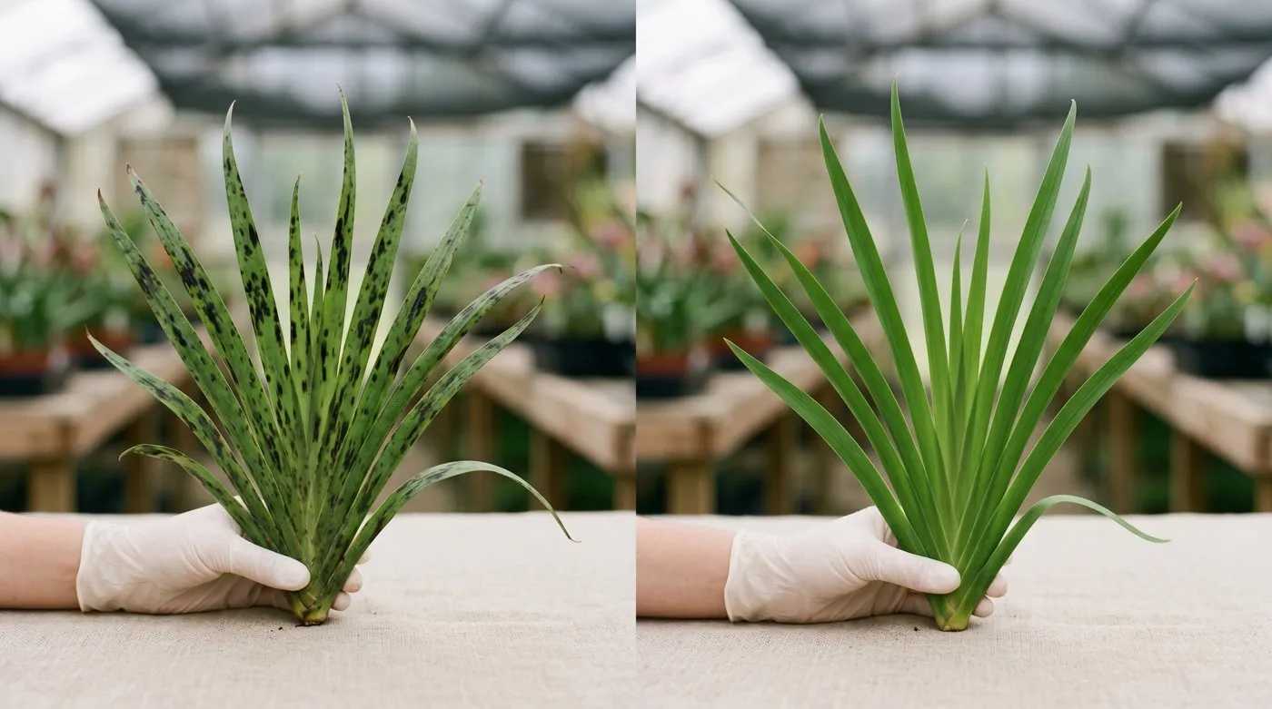 Diagnostic comparison of a black ink-disease marked kangaroo paw leaf beside a clean healthy leaf
