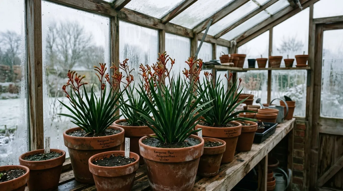Potted kangaroo paw plants overwintering on staging in a bright frost-free UK greenhouse