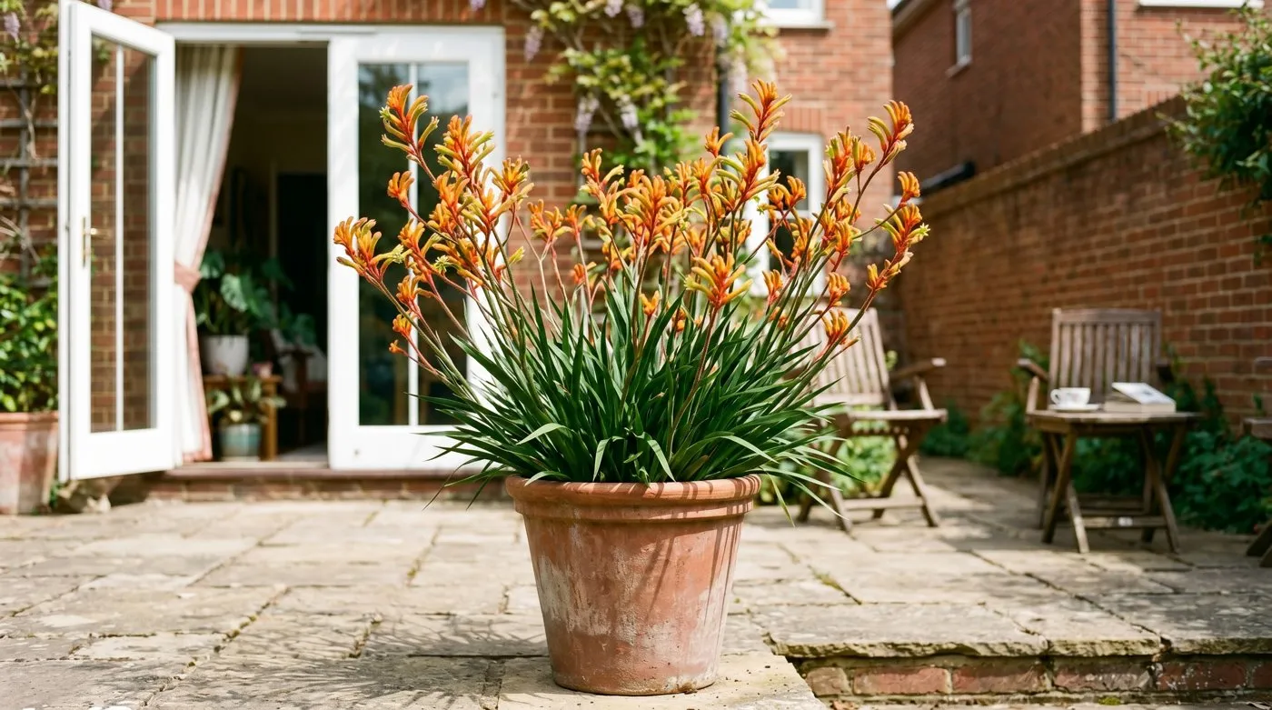 A large container of kangaroo paw with orange and yellow flower spikes on a sunny suburban UK patio