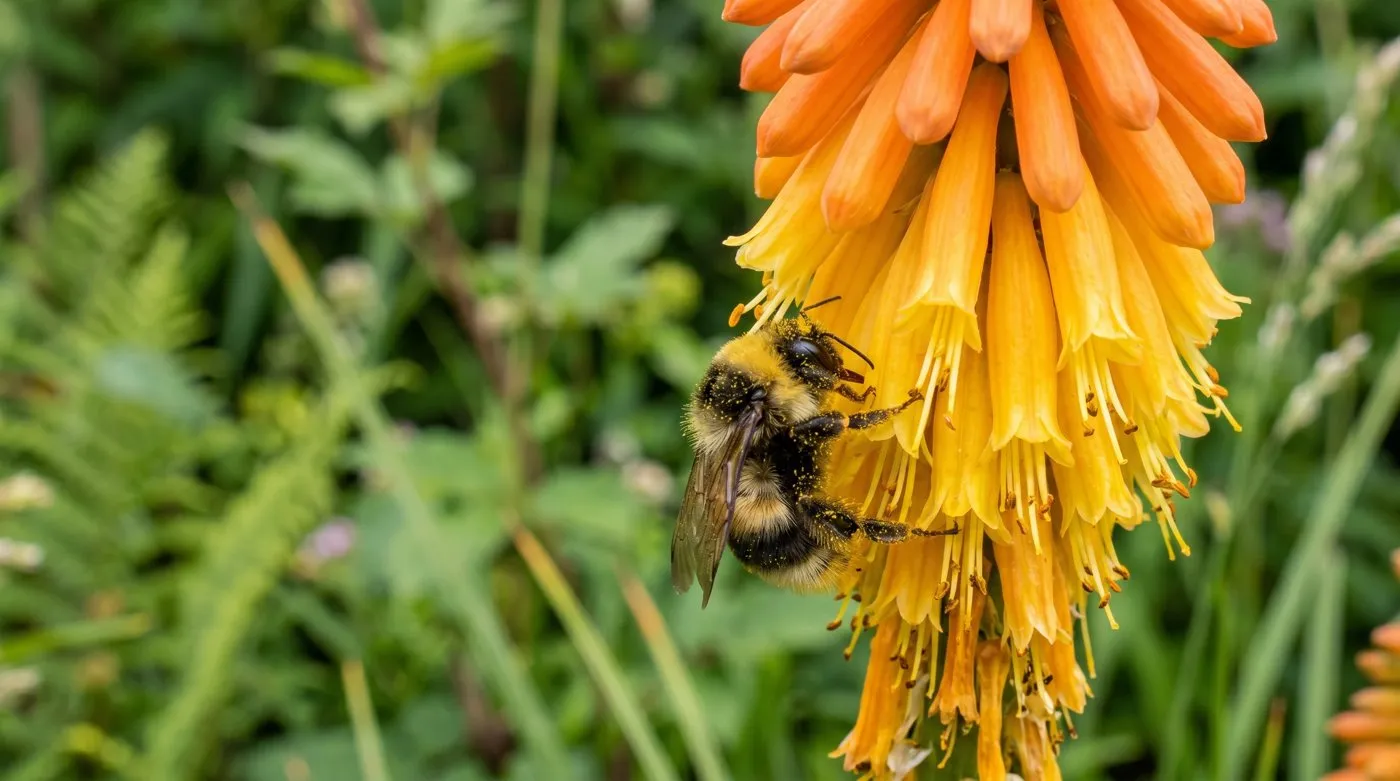 A bumblebee feeding on the lower florets of an orange and yellow kniphofia red hot poker spike