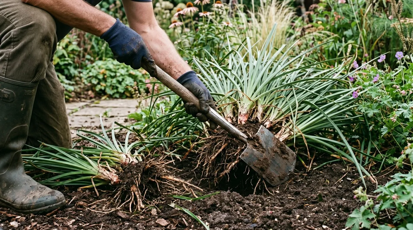 A gardener using a spade to lift and divide a large clump of red hot pokers, exposing the crown and roots