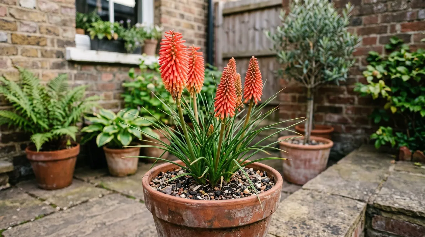 A dwarf red hot poker flowering in a terracotta pot on a small UK patio with free-draining gritty compost
