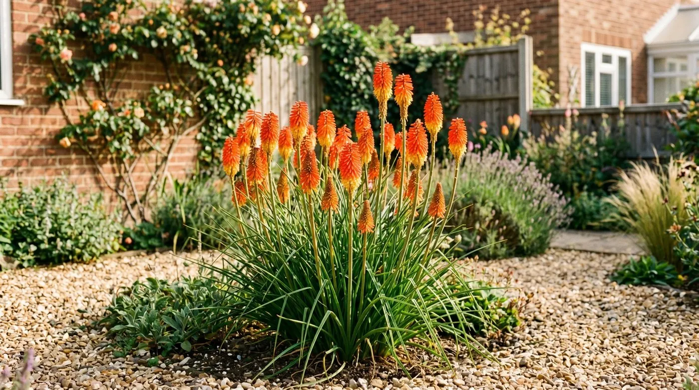 A clump of orange and red kniphofia red hot pokers flowering in a sunny UK gravel garden