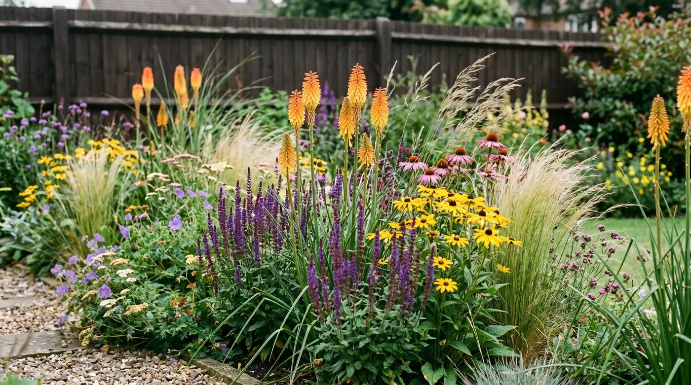 A prairie-style UK border with tall orange kniphofia spikes among ornamental grasses and purple salvias