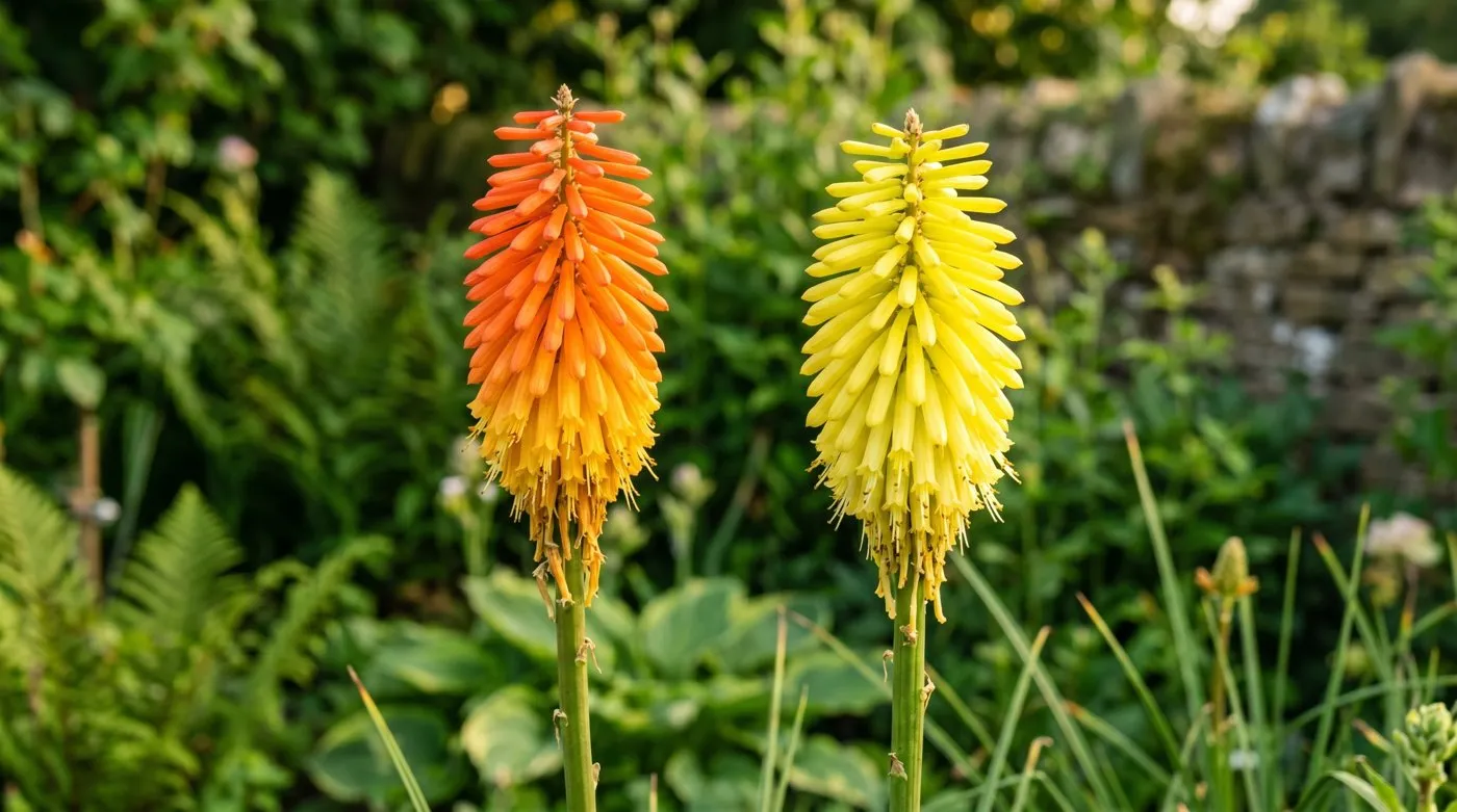 Two kniphofia flower spikes side by side, an orange and yellow bicolour next to a clean lemon-yellow type