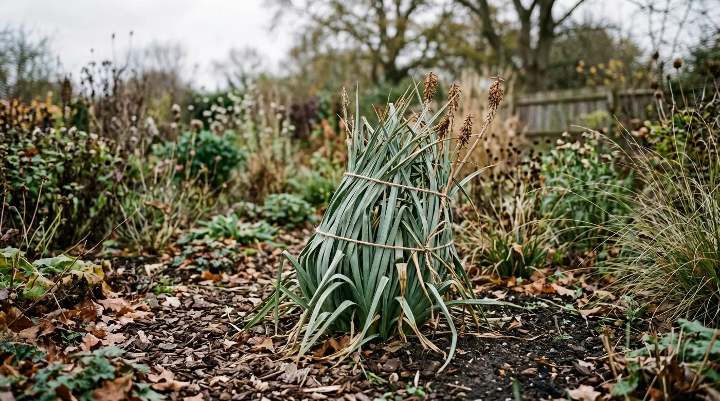 A clump of red hot poker foliage tied loosely upright over the crown for winter protection in a UK border