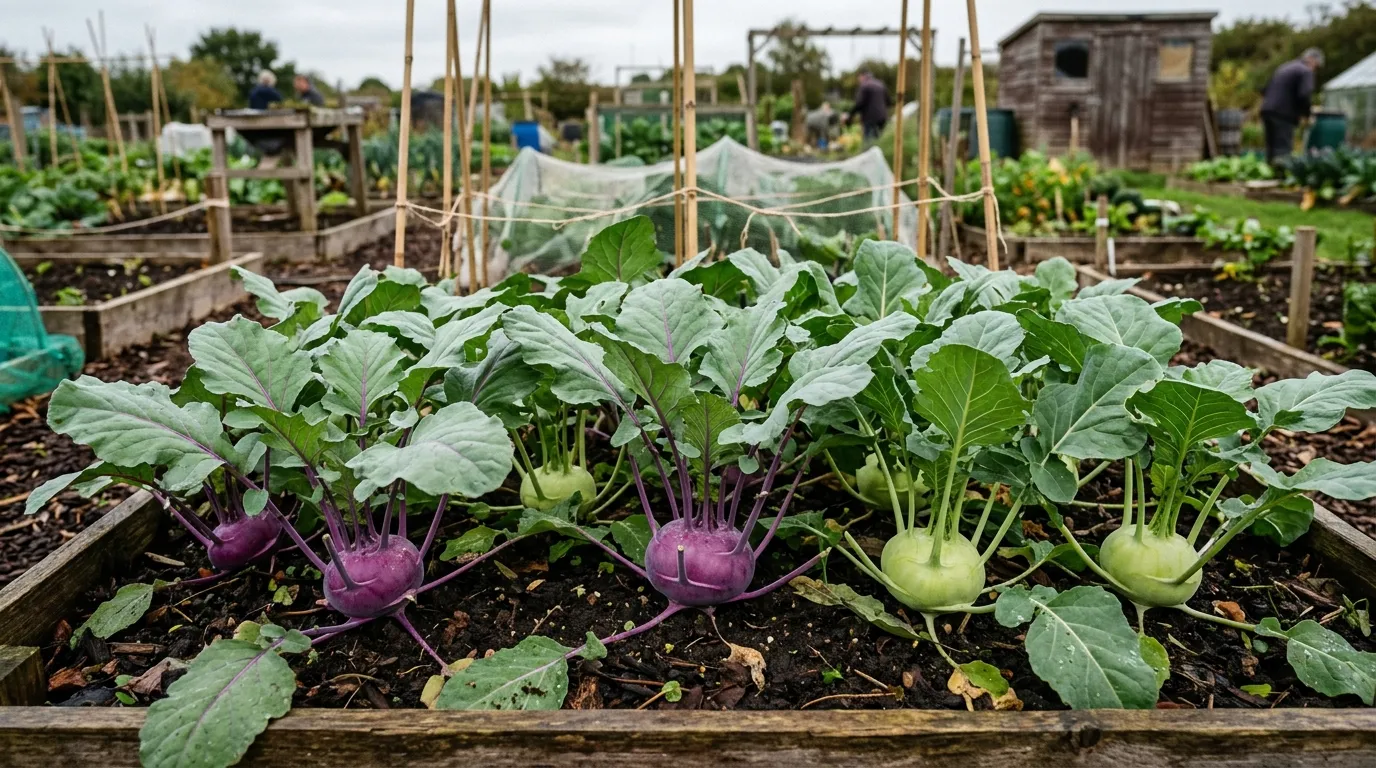 Kohlrabi plants growing in a UK allotment raised bed with purple and green bulbs visible above the soil