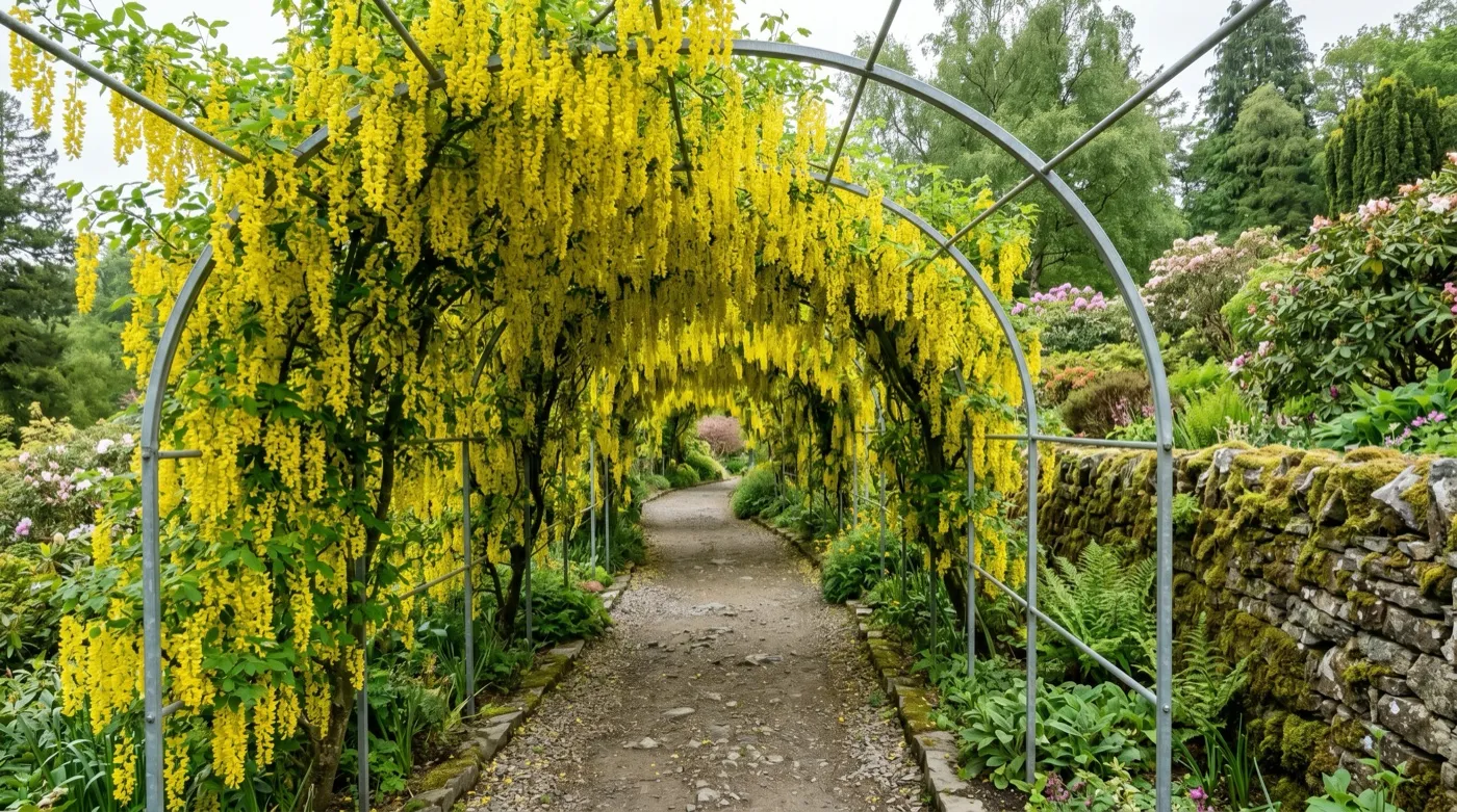 Laburnum trained over an arched metal frame forming a tunnel of hanging golden flowers in a UK garden