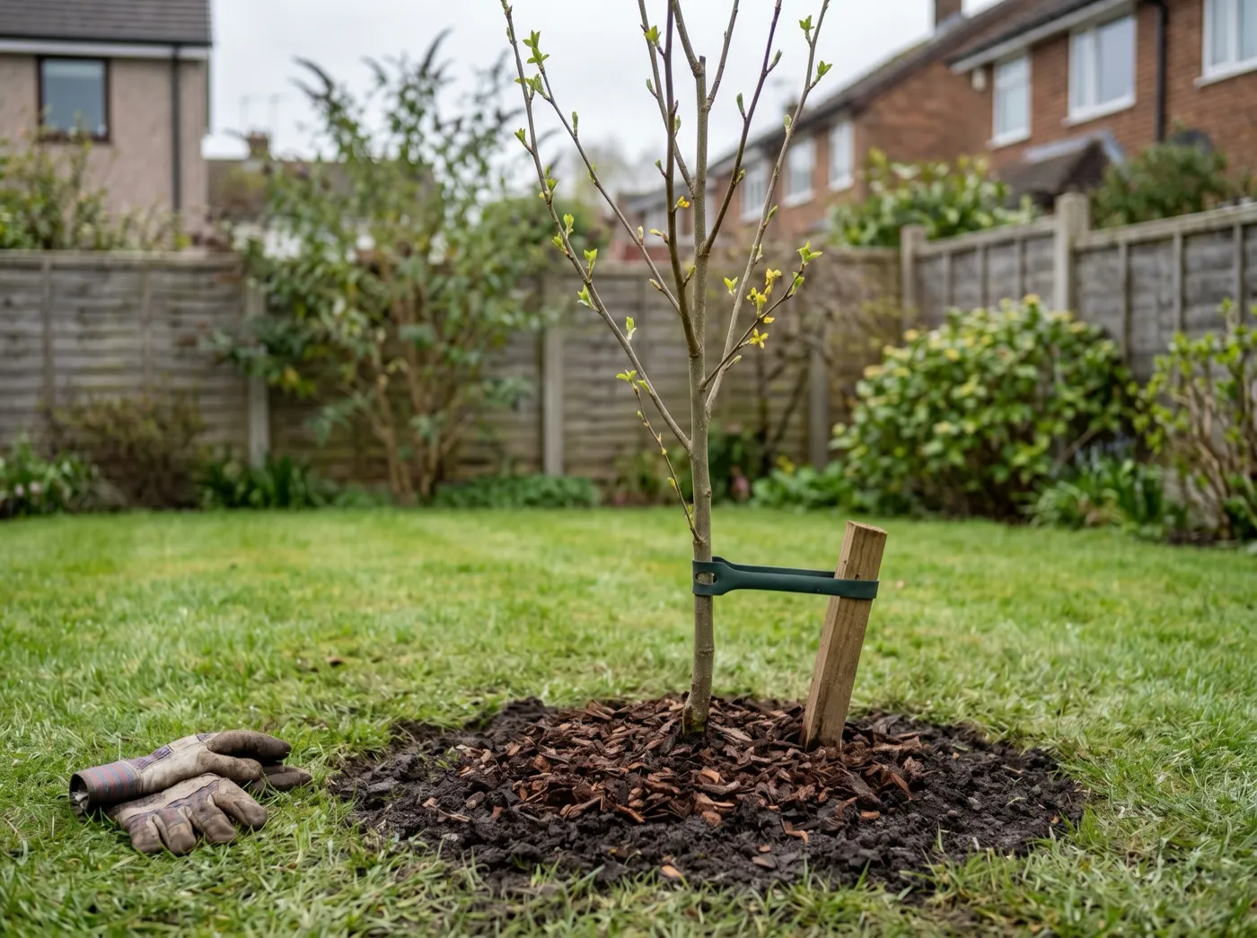 A young laburnum tree freshly planted and staked on a suburban UK lawn in early spring