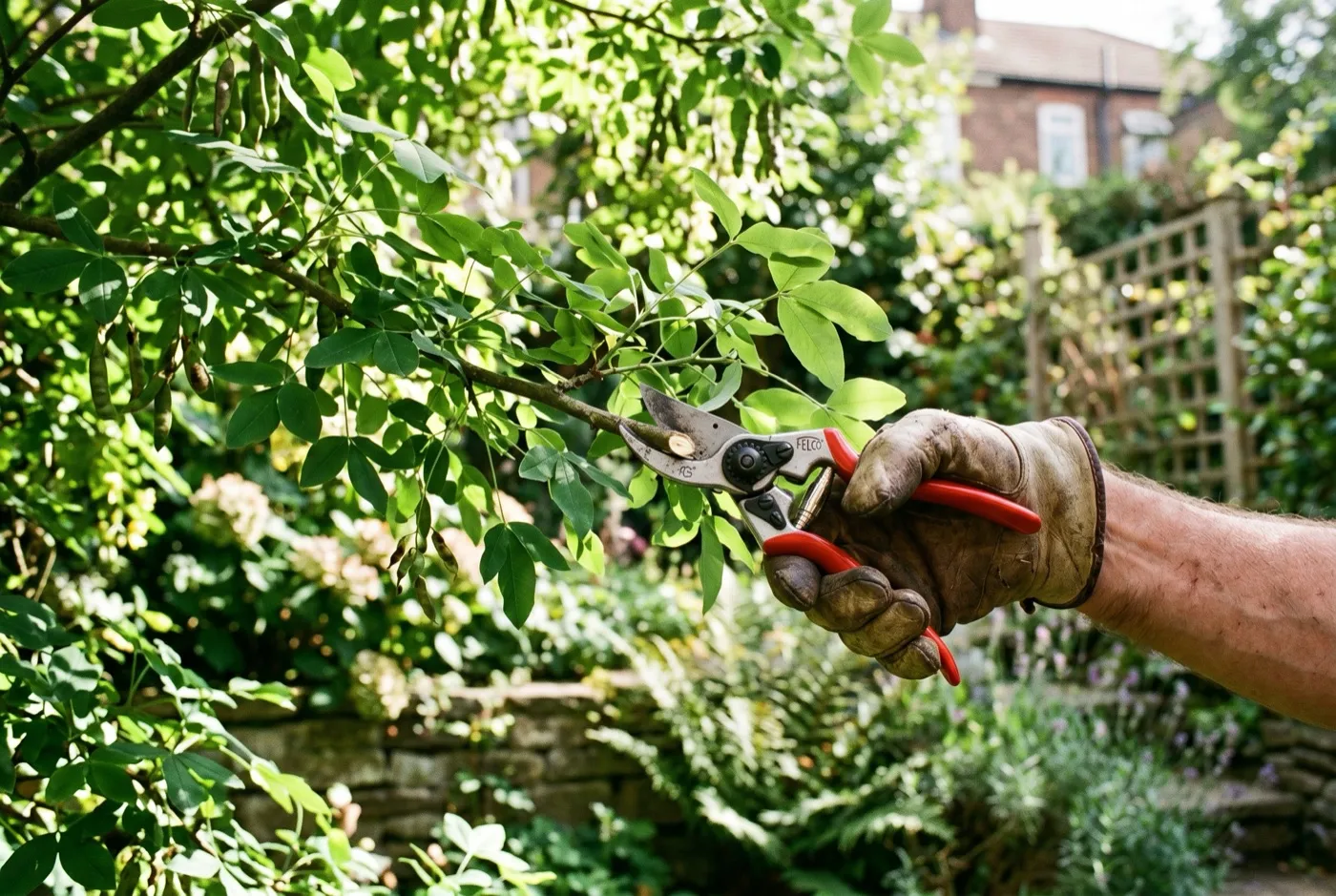 Hand using bypass secateurs to make a clean late summer pruning cut on a leafy laburnum branch