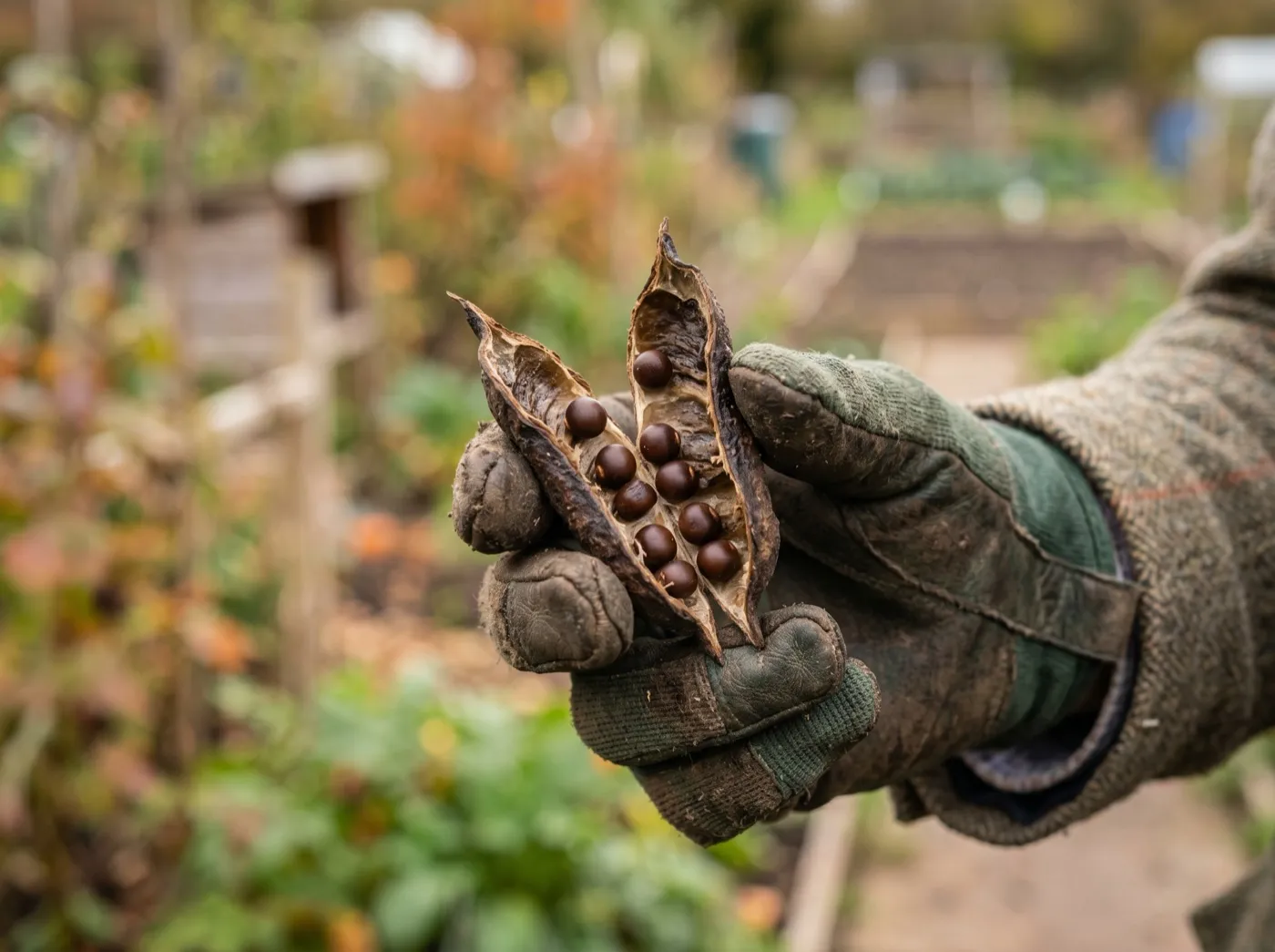 A gardener wearing a glove holding a brown laburnum seed pod, showing the pea-like toxic seeds inside