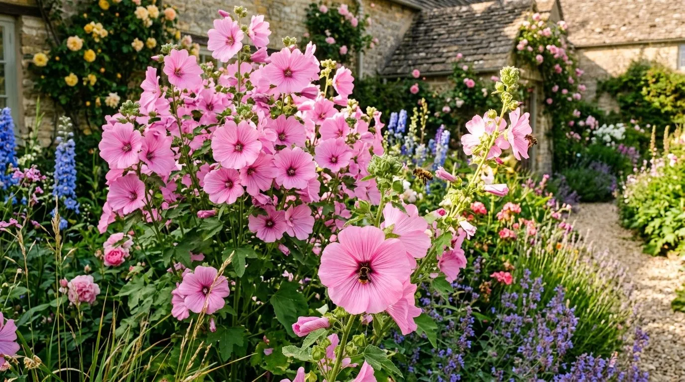 Lavatera tree mallow in full flower with pink blooms in a sunny British cottage garden