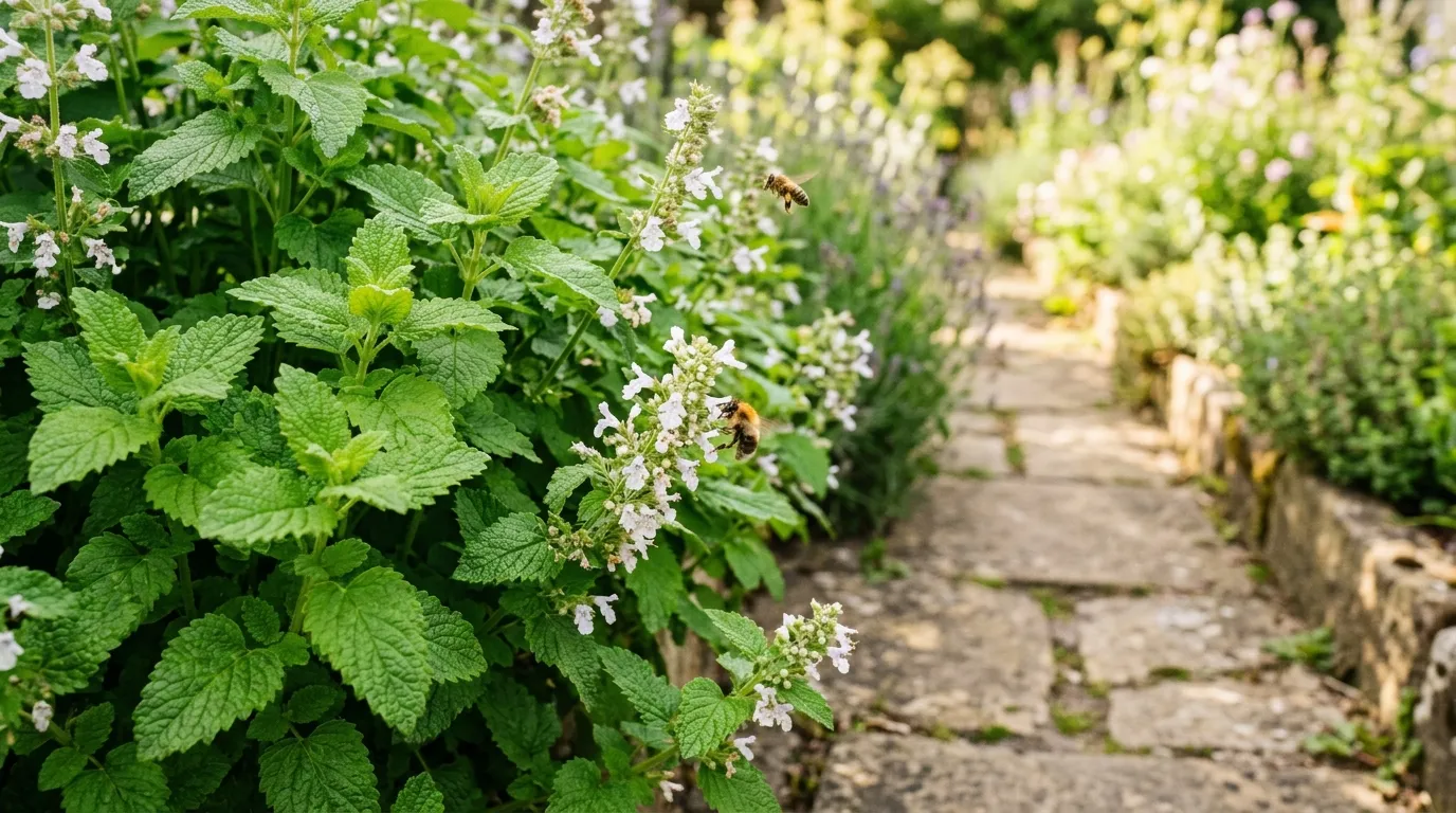 Lemon balm growing in a UK herb garden with bright green serrated leaves and small white flowers