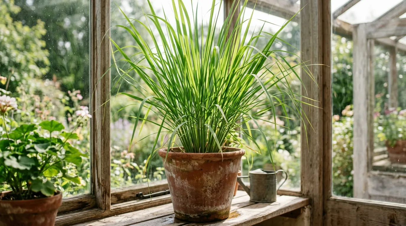 Lemon grass growing in a terracotta pot on a sunny UK conservatory windowsill
